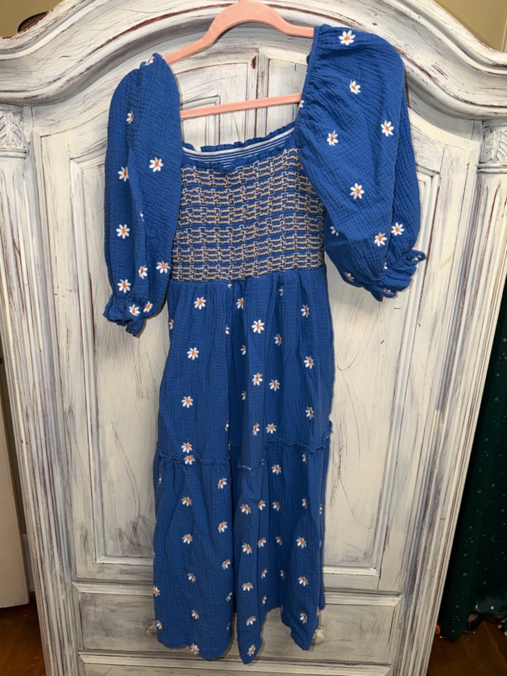 Blue Daisy Smocked Midi Dress Small Boho Cottagecore Puff Sleeve